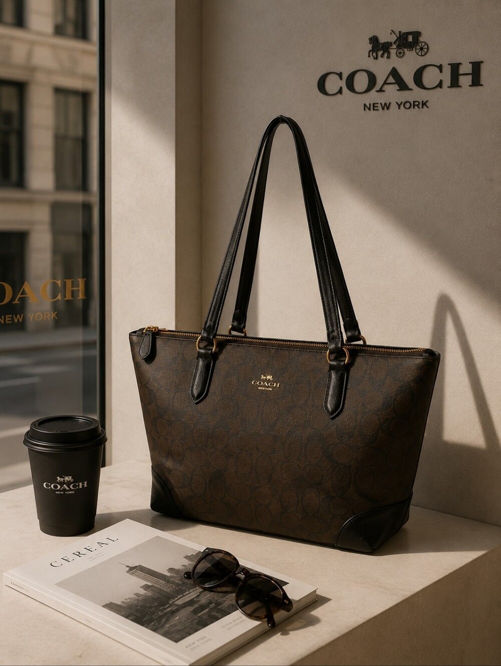 COACH Signature Zip Tote Brown Black Shoulder Bag A1822-F29208